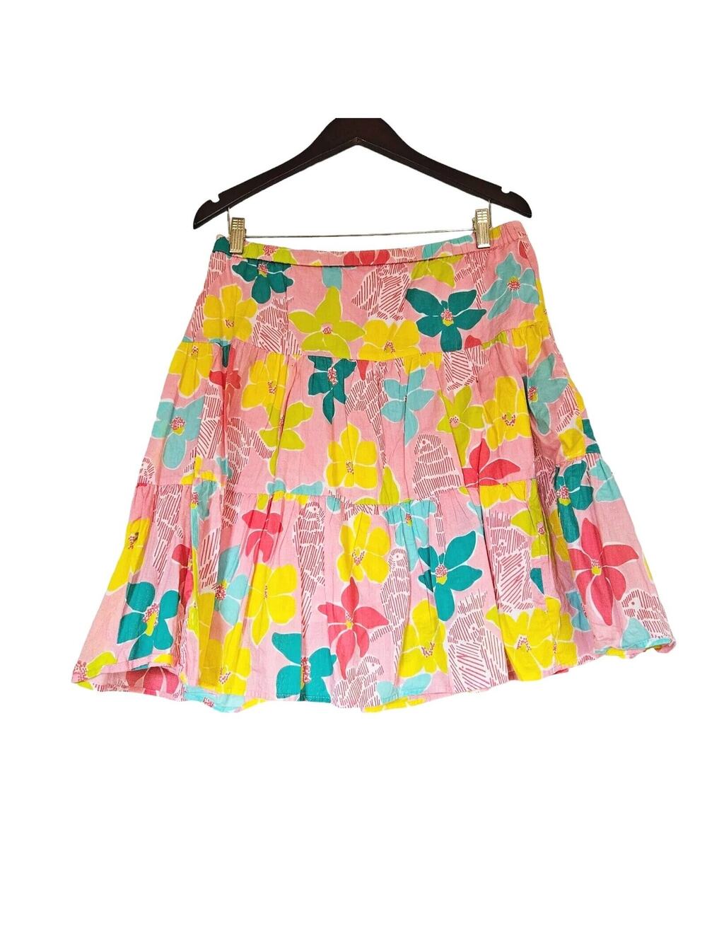 Vtg Lilly Pulitzer Floral Tiered Skirt Womens S Pink Yellow Cottagecore Beach